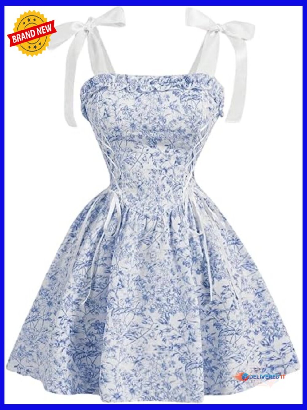 Floral Tie Shoulder Cami Dress Lace Up Side Flared Mini